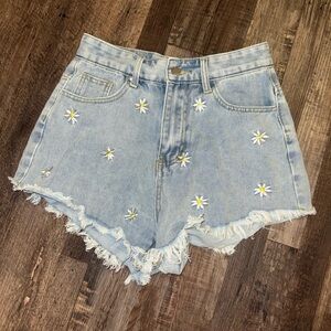 Embroidered Light Blue Denim Shorts